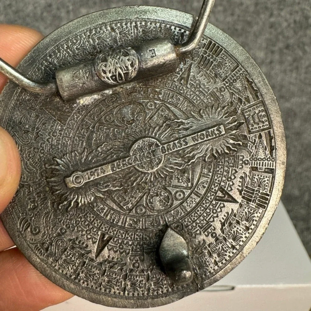 Vintage 1974 Bergamot Brass Works Aztec Sun Stone Calendar Belt Buckle Silver